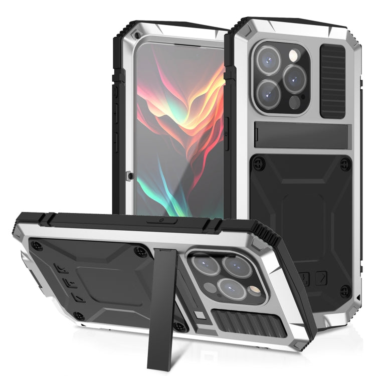 For iPhone 15 Pro Max R-JUST Shockproof Life Water-resistant Dust-proof Metal + Silicone Phone Case with Holder(Silver)