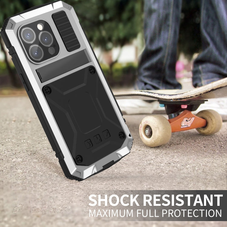For iPhone 15 Pro Max R-JUST Shockproof Life Water-resistant Dust-proof Metal + Silicone Phone Case with Holder(Silver)