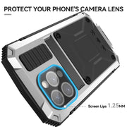 For iPhone 15 Pro Max R-JUST Shockproof Life Water-resistant Dust-proof Metal + Silicone Phone Case with Holder(Silver)