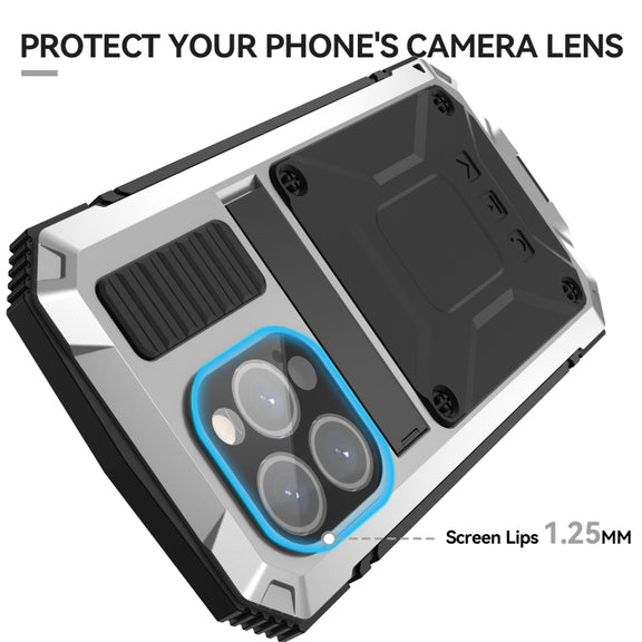 For iPhone 15 Pro Max R-JUST Shockproof Life Water-resistant Dust-proof Metal + Silicone Phone Case with Holder(Silver)