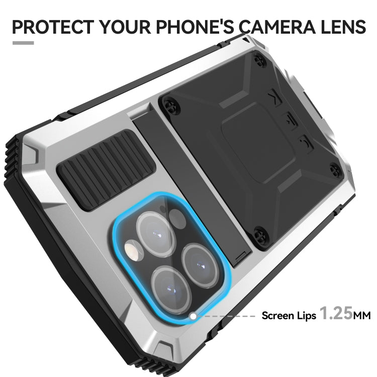 For iPhone 15 Pro Max R-JUST Shockproof Life Water-resistant Dust-proof Metal + Silicone Phone Case with Holder(Silver)