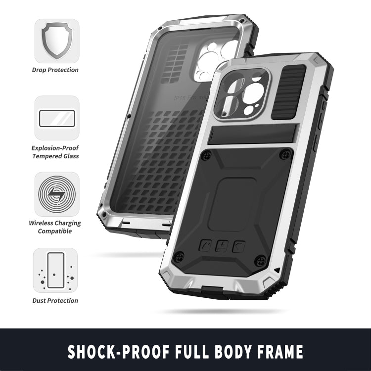 For iPhone 15 Pro Max R-JUST Shockproof Life Water-resistant Dust-proof Metal + Silicone Phone Case with Holder(Silver)
