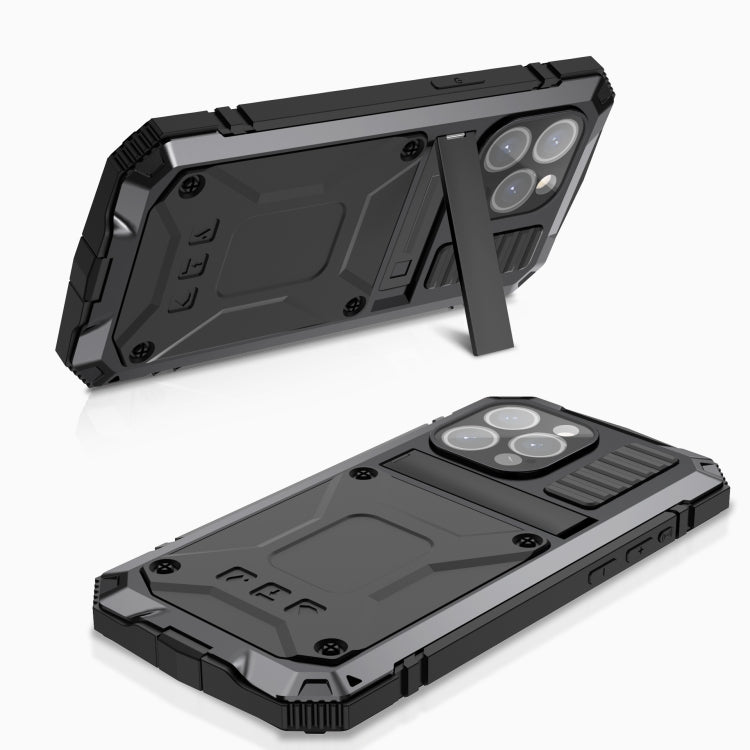 For iPhone 15 Pro R-JUST Shockproof Life Water-resistant Dust-proof Metal + Silicone Phone Case with Holder(Black)