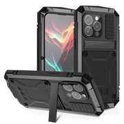For iPhone 15 Pro R-JUST Shockproof Life Water-resistant Dust-proof Metal + Silicone Phone Case with Holder(Black)