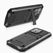 For iPhone 15 Pro R-JUST Shockproof Life Water-resistant Dust-proof Metal + Silicone Phone Case with Holder(Black)