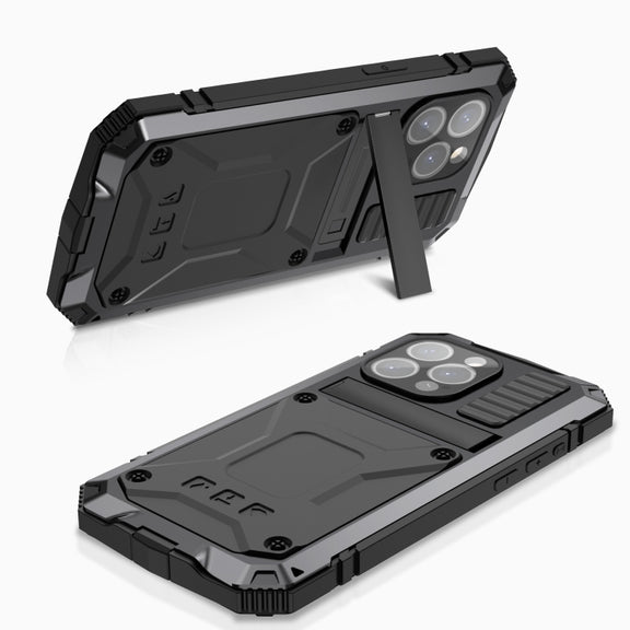 For iPhone 15 Pro R-JUST Shockproof Life Water-resistant Dust-proof Metal + Silicone Phone Case with Holder(Black)