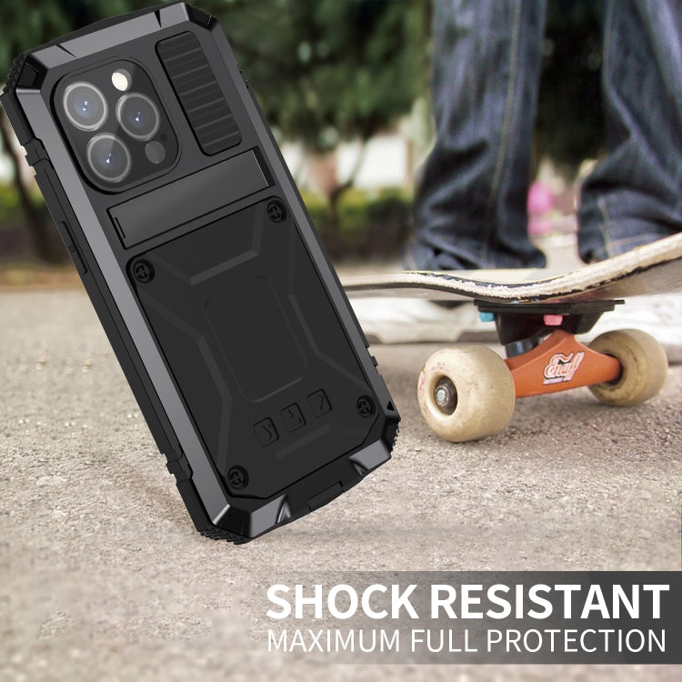 For iPhone 15 Pro R-JUST Shockproof Life Water-resistant Dust-proof Metal + Silicone Phone Case with Holder(Black)