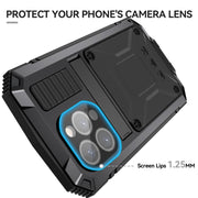 For iPhone 15 Pro R-JUST Shockproof Life Water-resistant Dust-proof Metal + Silicone Phone Case with Holder(Black)