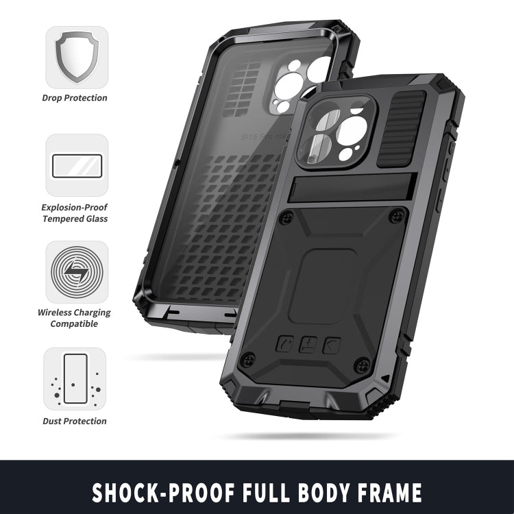 For iPhone 15 Pro R-JUST Shockproof Life Water-resistant Dust-proof Metal + Silicone Phone Case with Holder(Black)