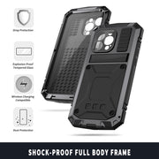 For iPhone 15 Pro R-JUST Shockproof Life Water-resistant Dust-proof Metal + Silicone Phone Case with Holder(Black)