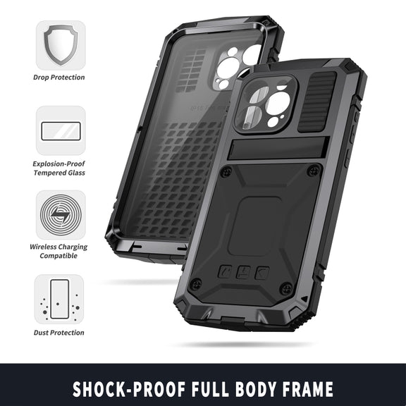 For iPhone 15 Pro R-JUST Shockproof Life Water-resistant Dust-proof Metal + Silicone Phone Case with Holder(Black)