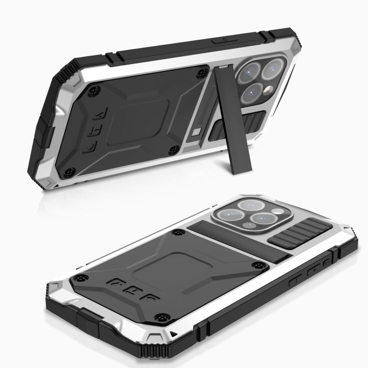 For iPhone 15 Pro R-JUST Shockproof Life Water-resistant Dust-proof Metal + Silicone Phone Case with Holder(Silver)