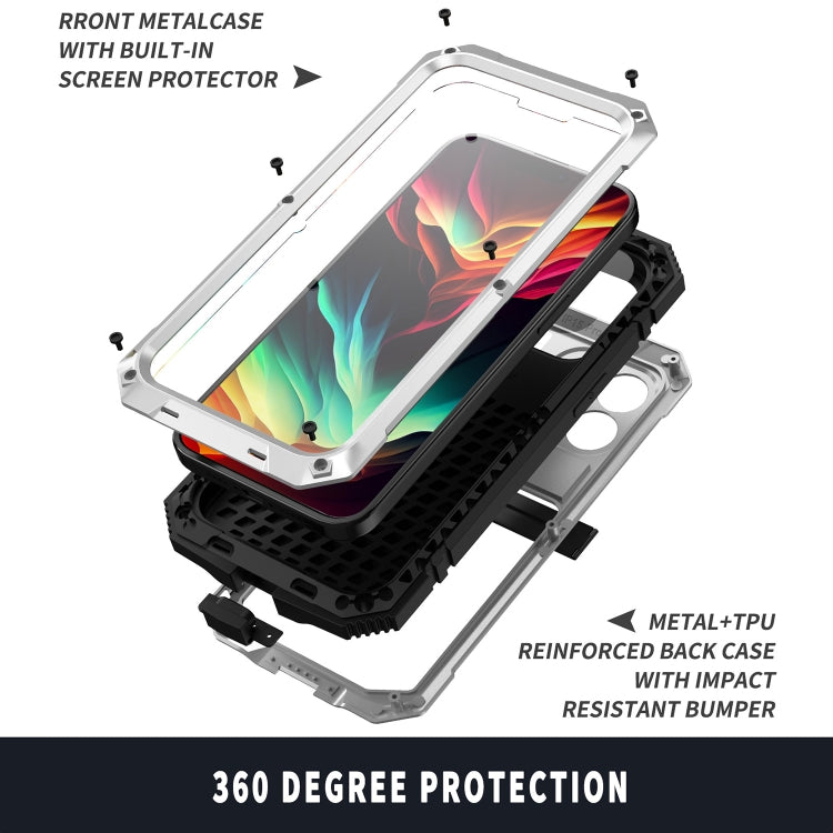 For iPhone 15 Pro R-JUST Shockproof Life Water-resistant Dust-proof Metal + Silicone Phone Case with Holder(Silver)