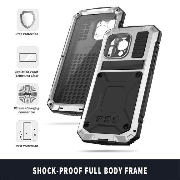 For iPhone 15 Pro R-JUST Shockproof Life Water-resistant Dust-proof Metal + Silicone Phone Case with Holder(Silver)
