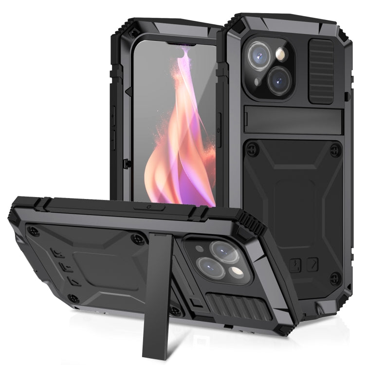 For iPhone 15 Plus R-JUST Shockproof Life Water-resistant Dust-proof Metal + Silicone Phone Case with Holder(Black)