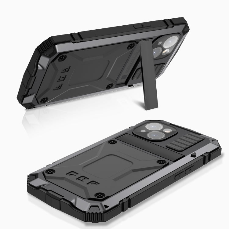 For iPhone 15 Plus R-JUST Shockproof Life Water-resistant Dust-proof Metal + Silicone Phone Case with Holder(Black)