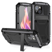 For iPhone 15 Plus R-JUST Shockproof Life Water-resistant Dust-proof Metal + Silicone Phone Case with Holder(Black)