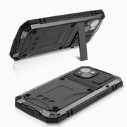 For iPhone 15 Plus R-JUST Shockproof Life Water-resistant Dust-proof Metal + Silicone Phone Case with Holder(Black)