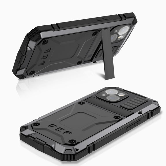 For iPhone 15 Plus R-JUST Shockproof Life Water-resistant Dust-proof Metal + Silicone Phone Case with Holder(Black)