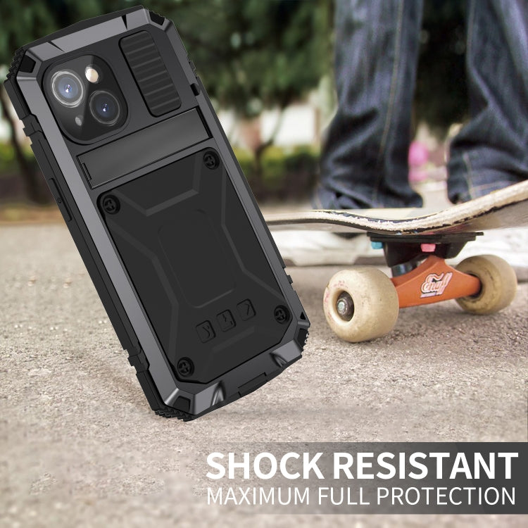 For iPhone 15 Plus R-JUST Shockproof Life Water-resistant Dust-proof Metal + Silicone Phone Case with Holder(Black)