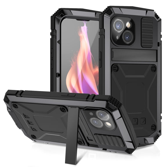 For iPhone 15 Plus R-JUST Shockproof Life Water-resistant Dust-proof Metal + Silicone Phone Case with Holder(Black)