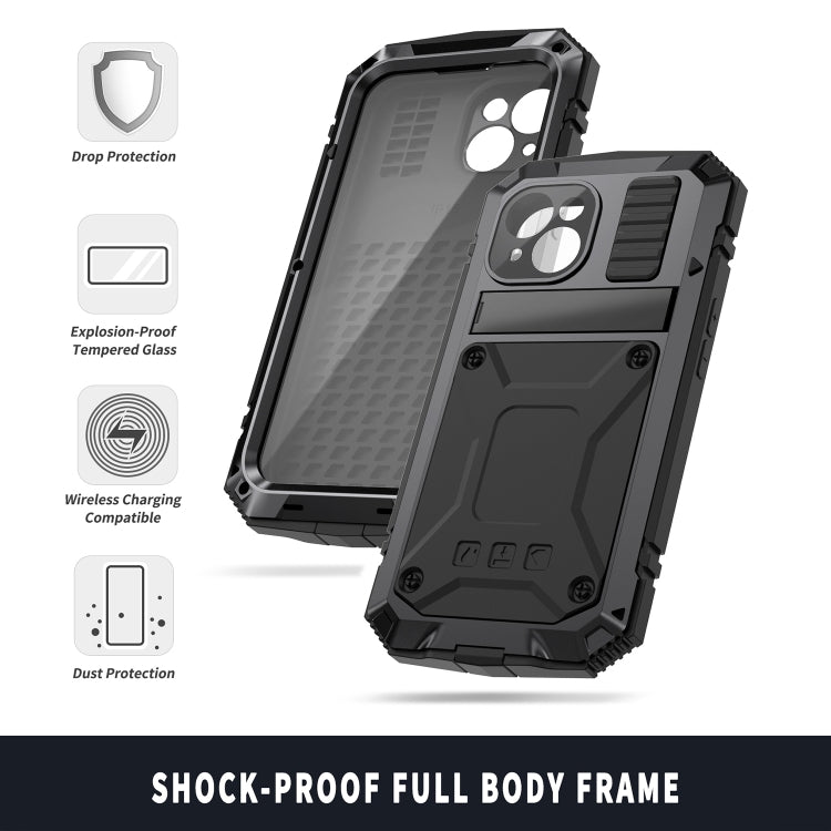 For iPhone 15 Plus R-JUST Shockproof Life Water-resistant Dust-proof Metal + Silicone Phone Case with Holder(Black)