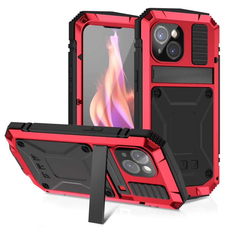 For iPhone 15 Plus R-JUST Shockproof Life Water-resistant Dust-proof Metal + Silicone Phone Case with Holder(Red)