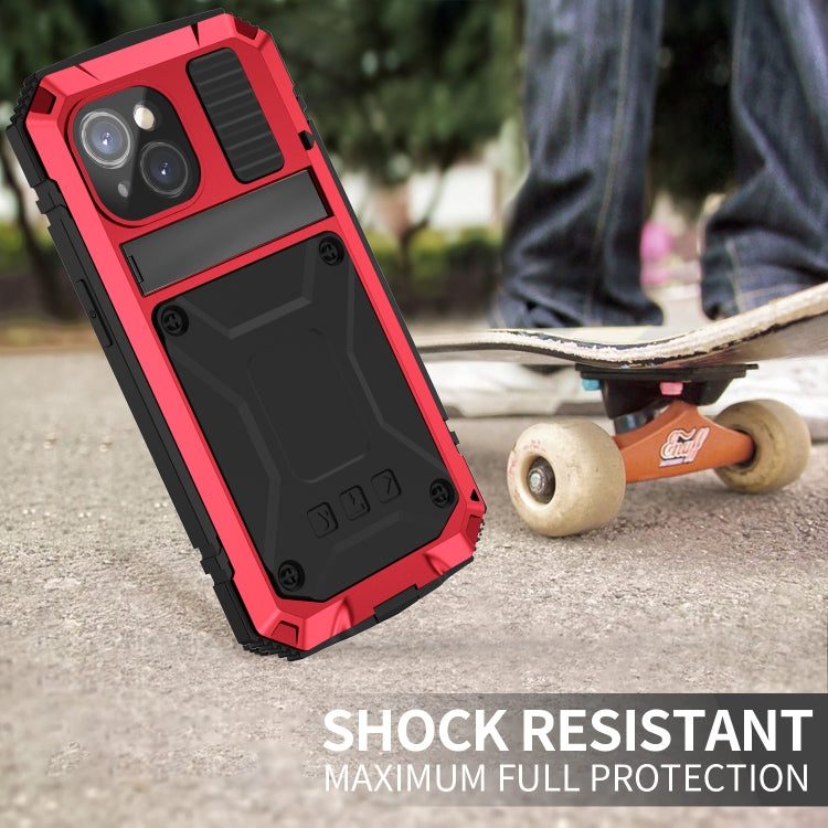 For iPhone 15 Plus R-JUST Shockproof Life Water-resistant Dust-proof Metal + Silicone Phone Case with Holder(Red)