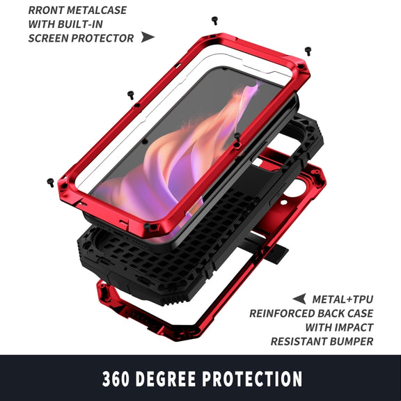 For iPhone 15 Plus R-JUST Shockproof Life Water-resistant Dust-proof Metal + Silicone Phone Case with Holder(Red)