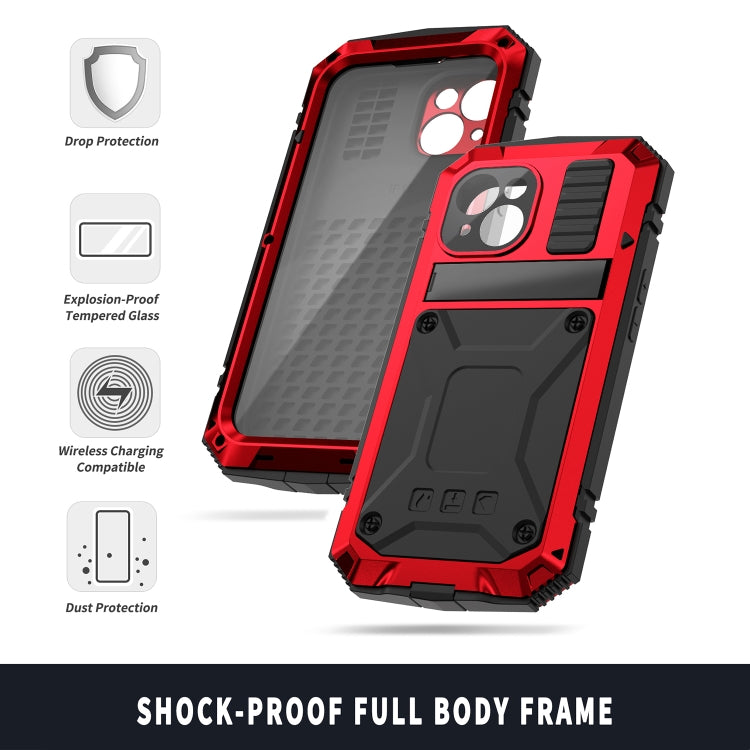 For iPhone 15 Plus R-JUST Shockproof Life Water-resistant Dust-proof Metal + Silicone Phone Case with Holder(Red)