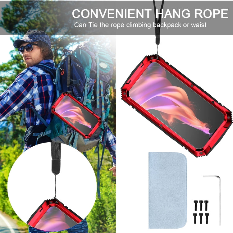 For iPhone 15 Plus R-JUST Shockproof Life Water-resistant Dust-proof Metal + Silicone Phone Case with Holder(Red)