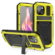 For iPhone 15 Plus R-JUST Shockproof Life Water-resistant Dust-proof Metal + Silicone Phone Case with Holder(Yellow)