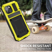 For iPhone 15 Plus R-JUST Shockproof Life Water-resistant Dust-proof Metal + Silicone Phone Case with Holder(Yellow)
