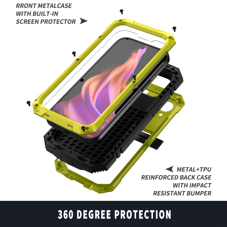 For iPhone 15 Plus R-JUST Shockproof Life Water-resistant Dust-proof Metal + Silicone Phone Case with Holder(Yellow)
