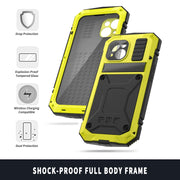 For iPhone 15 Plus R-JUST Shockproof Life Water-resistant Dust-proof Metal + Silicone Phone Case with Holder(Yellow)