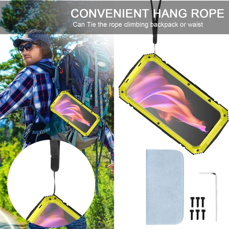 For iPhone 15 Plus R-JUST Shockproof Life Water-resistant Dust-proof Metal + Silicone Phone Case with Holder(Yellow)
