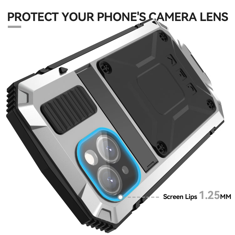 For iPhone 15 Plus R-JUST Shockproof Life Water-resistant Dust-proof Metal + Silicone Phone Case with Holder(Silver)
