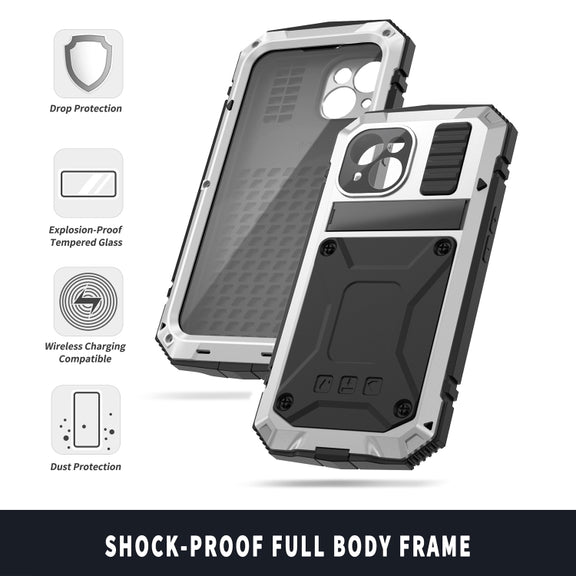 For iPhone 15 Plus R-JUST Shockproof Life Water-resistant Dust-proof Metal + Silicone Phone Case with Holder(Silver)