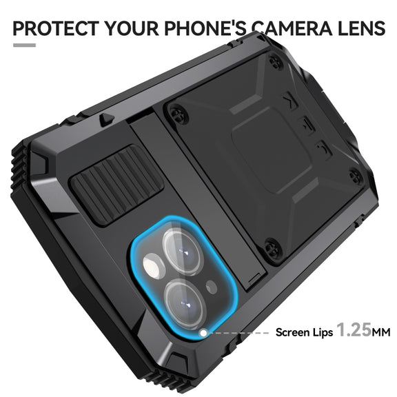 For iPhone 15 R-JUST Shockproof Life Water-resistant Dust-proof Metal + Silicone Phone Case with Holder(Black)