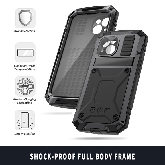 For iPhone 15 R-JUST Shockproof Life Water-resistant Dust-proof Metal + Silicone Phone Case with Holder(Black)