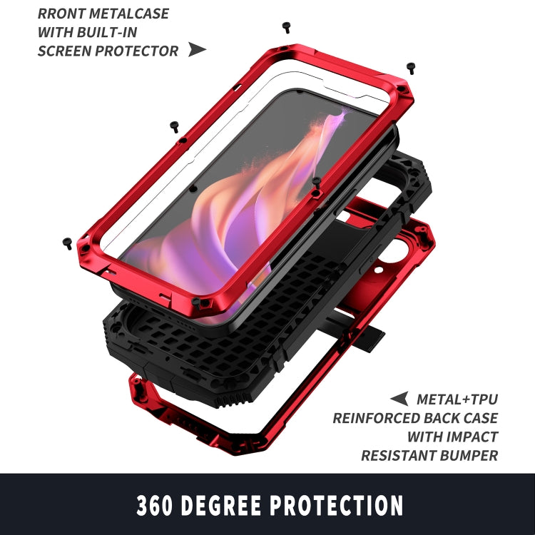 For iPhone 15 R-JUST Shockproof Life Water-resistant Dust-proof Metal + Silicone Phone Case with Holder(Red)