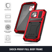 For iPhone 15 R-JUST Shockproof Life Water-resistant Dust-proof Metal + Silicone Phone Case with Holder(Red)
