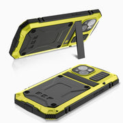 For iPhone 15 R-JUST Shockproof Life Water-resistant Dust-proof Metal + Silicone Phone Case with Holder(Yellow)