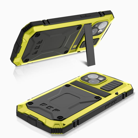 For iPhone 15 R-JUST Shockproof Life Water-resistant Dust-proof Metal + Silicone Phone Case with Holder(Yellow)