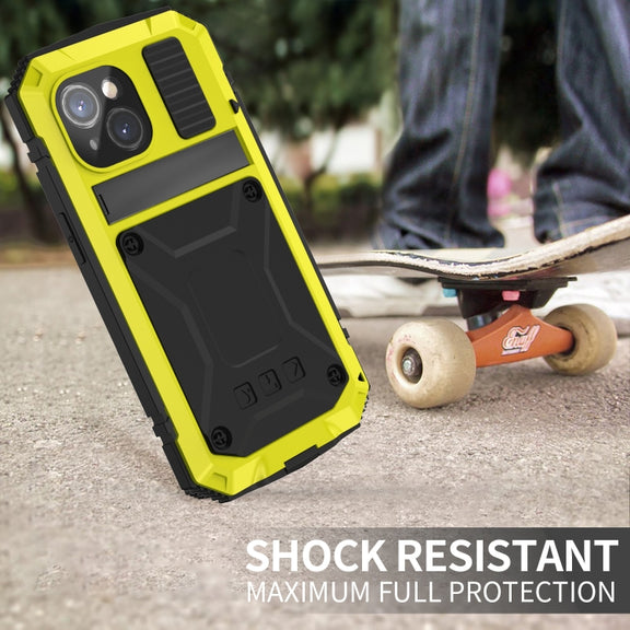 For iPhone 15 R-JUST Shockproof Life Water-resistant Dust-proof Metal + Silicone Phone Case with Holder(Yellow)