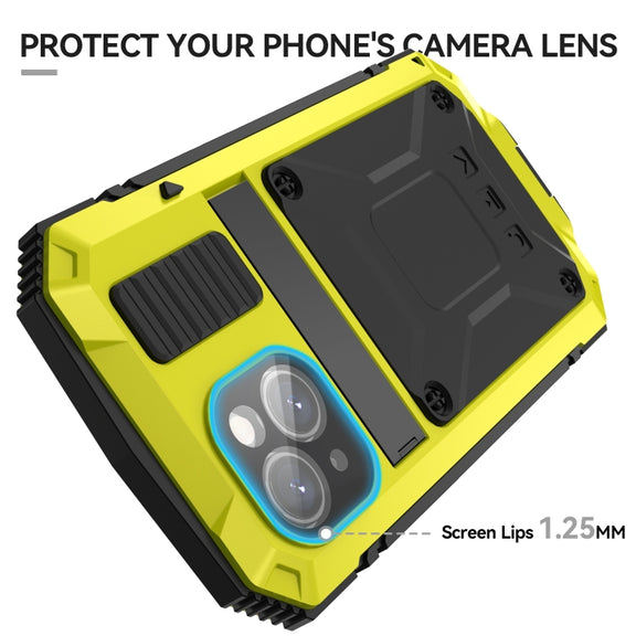 For iPhone 15 R-JUST Shockproof Life Water-resistant Dust-proof Metal + Silicone Phone Case with Holder(Yellow)
