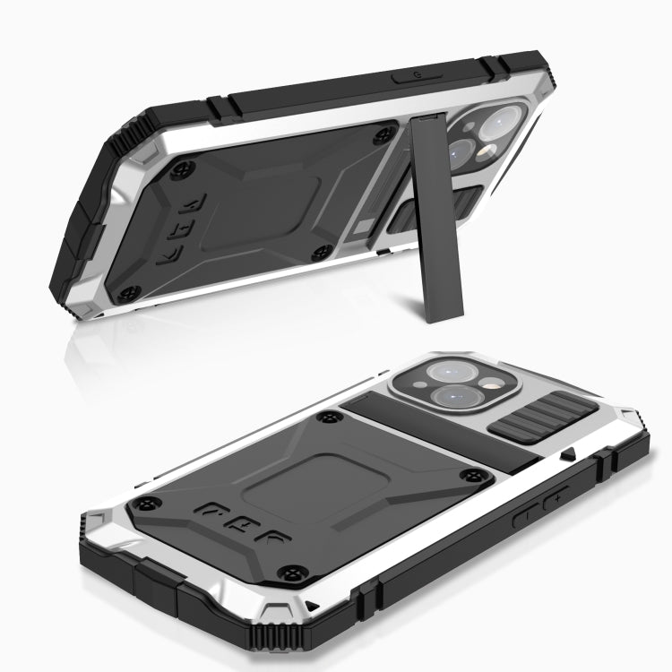 For iPhone 15 R-JUST Shockproof Life Water-resistant Dust-proof Metal + Silicone Phone Case with Holder(Silver)