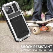 For iPhone 15 R-JUST Shockproof Life Water-resistant Dust-proof Metal + Silicone Phone Case with Holder(Silver)