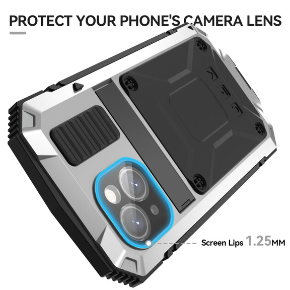 For iPhone 15 R-JUST Shockproof Life Water-resistant Dust-proof Metal + Silicone Phone Case with Holder(Silver)