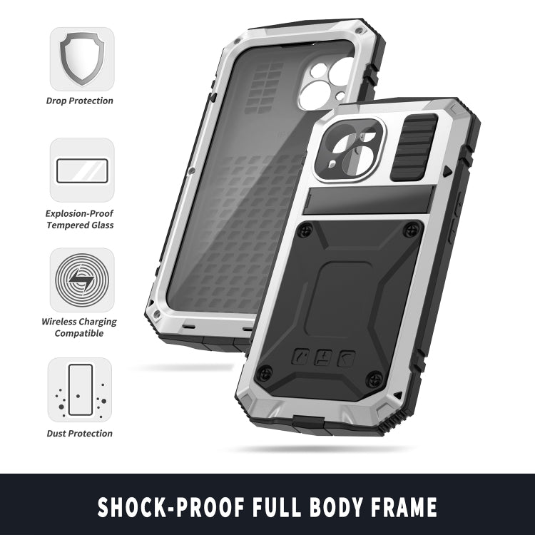 For iPhone 15 R-JUST Shockproof Life Water-resistant Dust-proof Metal + Silicone Phone Case with Holder(Silver)